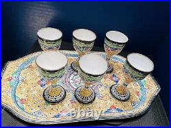 Mina Kari Hand Painted Enamel Wine Cups Tray Vintage Enamelware Pheasant Floral