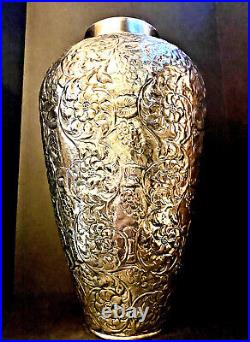Monumental 24 x 14 Antique PERSIAN SILVER Hand Chased Repousse Vase c. 1920