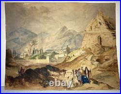 Nice Antique 19th 1800s Middle Eastern Arab Figures Landscape Ruins Watercolor