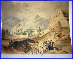 Nice Antique 19th 1800s Middle Eastern Arab Figures Landscape Ruins Watercolor