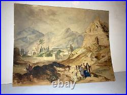 Nice Antique 19th 1800s Middle Eastern Arab Figures Landscape Ruins Watercolor