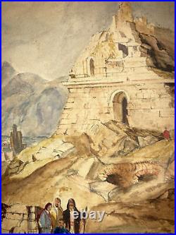 Nice Antique 19th 1800s Middle Eastern Arab Figures Landscape Ruins Watercolor