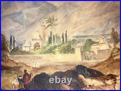 Nice Antique 19th 1800s Middle Eastern Arab Figures Landscape Ruins Watercolor