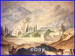 Nice Antique 19th 1800s Middle Eastern Arab Figures Landscape Ruins Watercolor