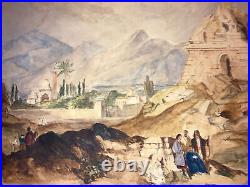 Nice Antique 19th 1800s Middle Eastern Arab Figures Landscape Ruins Watercolor