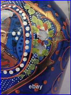 Nice Pictorial Shah Of Persia Large Persian Decanter Cobalt Blue Colorful Design
