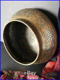 Old Middle Eastern Damascus Inlaid Brass Bowl with Unique Shape beautiful