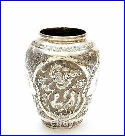 Old Persian Solid Silver Repousse Flower & Bird Vase Marked 145 Gram