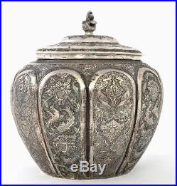 Old Persian Sterling Silver Tea Caddy Covered Jar Vase with Birds Marked