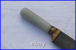 Old rare vintage gold inlaid jade stone octagon shape handle pesh-kabz dagger