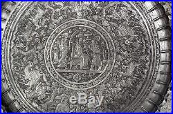 Ornate 20 Antique Persian Qalam Zani Mamluk Engraved Scenic Silver Copper Tray