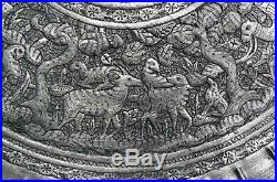 Ornate 20 Antique Persian Qalam Zani Mamluk Engraved Scenic Silver Copper Tray