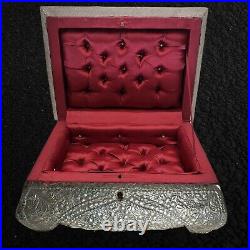 Ottoman Era Chased Silver Panels Plate Wood Box Casket Footed Design