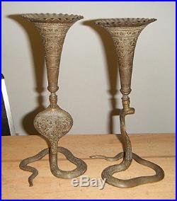 PERSIAN ANTIQUE PAIR 10.5Lg HAND ENGRAVED BRASS KING COBRA SNAKE CANDLE HOLDERS