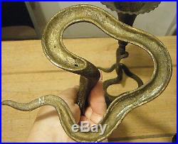 PERSIAN ANTIQUE PAIR 10.5Lg HAND ENGRAVED BRASS KING COBRA SNAKE CANDLE HOLDERS