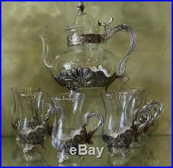 PERSIAN TURKISH ARABIC MIDDLE EASTERN STYLE TEA COFFEE POT & CUP Set of 6 SILVER