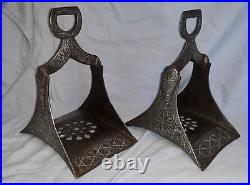 Pair Antique Persian Middle Eastern Silver Inlaid Iron Stirrups Mixed Metal