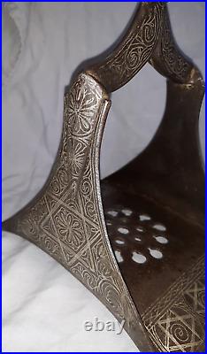 Pair Antique Persian Middle Eastern Silver Inlaid Iron Stirrups Mixed Metal