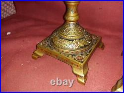 Pair Large Middle Eastern Enameled Brass Candlesticks Antique