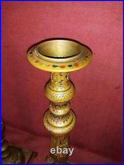 Pair Large Middle Eastern Enameled Brass Candlesticks Antique