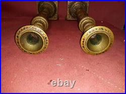 Pair Large Middle Eastern Enameled Brass Candlesticks Antique