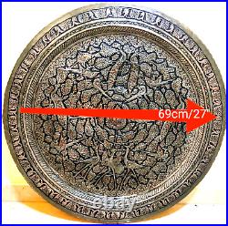 Persian Antique Engraved Enamel Copper Middle Eastern Wall Tray Large Plate 27