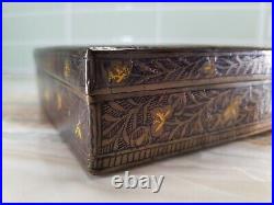 Persian Brass Box Etched Engraved Animals Painted with Wood Compartments