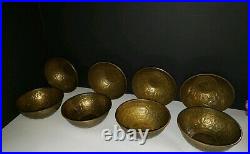 Persian Islamic Mamluk Hand Hammered Brass Bowls Set of 8 RARE ANTIQUE