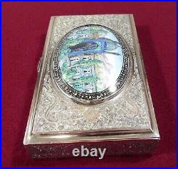 Persian Solid Silver Footed Box Case Beautiful Enameled Scene Signed