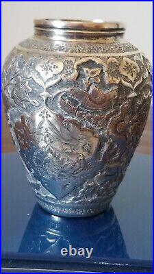 Persian Solid Silver Vase Animal Motif Islamic Art 155GR