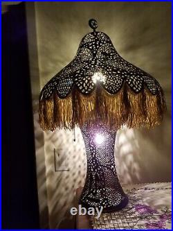 Pierced Brass Double Light Mid East Lamp with Fringe