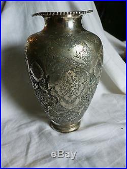Quality Persian Silver Vase With Foliate Engraving Signed