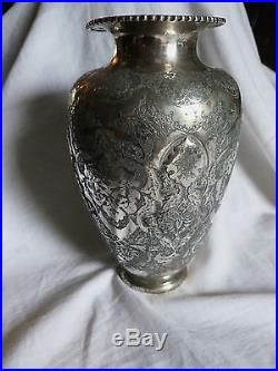 Quality Persian Silver Vase With Foliate Engraving Signed