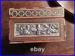 Qatar Persian Wooden Micro Mosaic Repousse Silver Box 19th Century With Label