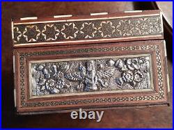 Qatar Persian Wooden Micro Mosaic Repousse Silver Box 19th Century With Label