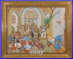 RARE PERSIAN VINT OPAQUE WithC on POLYMER of PALACE BACCHANAL WithMICRO MOSAIC FRAME