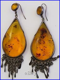 Rare Antique Amber Silver Islamic Middle Eastern Earrings Huge 4 1/4 32 Grams