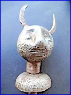 Rare Antique Indo Persian Etched Demon Head Festival Mace, Back-scratcher