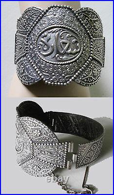 Rare Antique Middle Eastern Arabic German Silver Ornate Hinge Cuff Bracelet