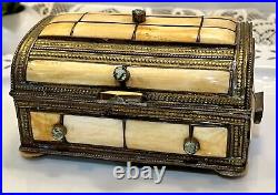 Rare Antique Moroccan Camel Bone Repoussé Copper Jewelry/ Trinket Box Chest