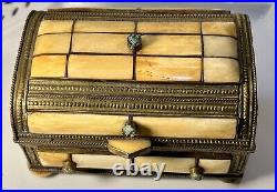 Rare Antique Moroccan Camel Bone Repoussé Copper Jewelry/ Trinket Box Chest