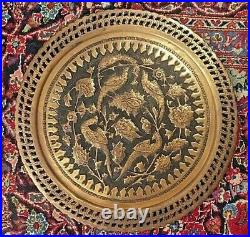 Rare Antique Persian Islamic Red Copper Tray Peacocks & Flower Handmade 19'