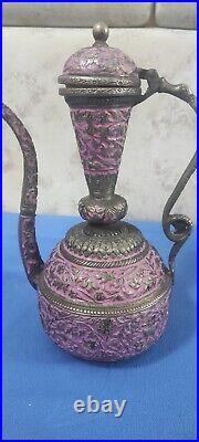 Rare Antique Persian Silver-Plated Pitcher with Intricate Engravings