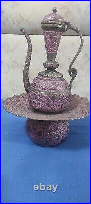 Rare Antique Persian Silver-Plated Pitcher with Intricate Engravings