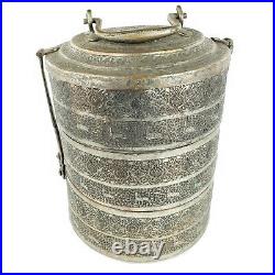 Rare Antique Tiffin Tinned Copper Ornate Carved Middle Eastern Turkish Lunch Box