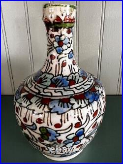 Rare Antique Turkish Kutahya Iznik Hand Painted Floral & Leaf Motif Vase 5.50 T