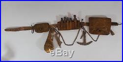 Rare Complete 19thC Arab Warrior Hunter Leather Belt, Powder Horn, Fire Striker
