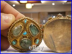 Rare Gold 16k Mounted Silver Gilt Box Emeralds & Turquoise Central Asian Museum