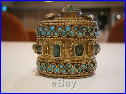 Rare Gold 16k Mounted Silver Gilt Box Emeralds & Turquoise Central Asian Museum