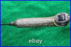 Rare antique gold/silver damascened khanjar dagger curve wootz blade lion handle